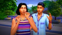 The Sims 4 For Rent gameplay: Two Sims, a man and a woman, wearing colorful purple and blue outfits, stand smiling against a tropical backdrop