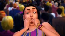 The Sims 4 For Rent: A woman with swept-back black hair stares in shock, her hands covering her wide-open mouth