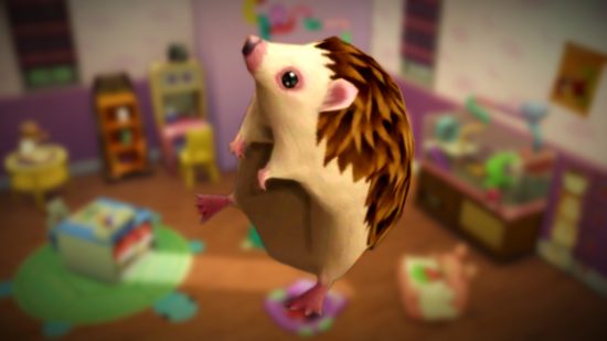 The Sims 4 free DLC: A hedgehog stands on his back two legs looking upward, a colorful room behind him