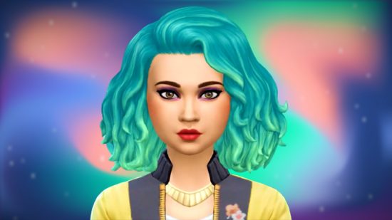 The Sims 4 new free download: A woman with short curly turquoise hair and red lipstick stares ahead, an aurora-like background of pastel colors behind her