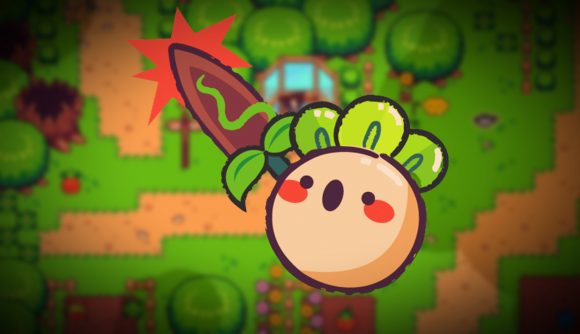 Turnip Boy Commits Tax Evasion free game: A small turnip-like being with a drawn-on smiley face holds up a rusty dagger against a pixel farm background
