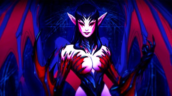 V Rising update: A black-eyed woman with elf-like ears and red and black clothing stands, bat wings portruding from her sides