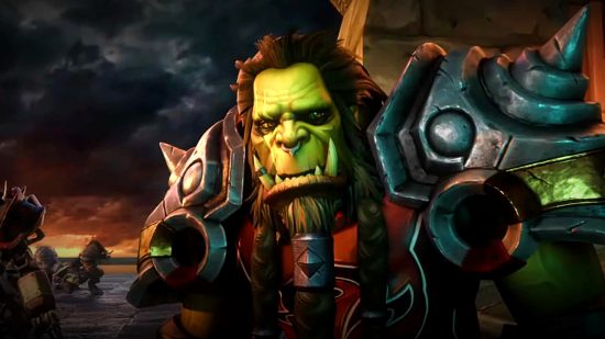 World of Warcraft Classic Cataclysm: A green-skinned orc with large tusks and brown hair stands wearing heavy armor