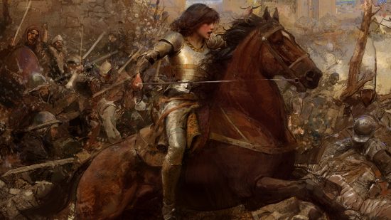 Age of Empires 4 The Sultans Ascend - Jeanne d'Arc, a French warrior in full armor on horseback during a battle.