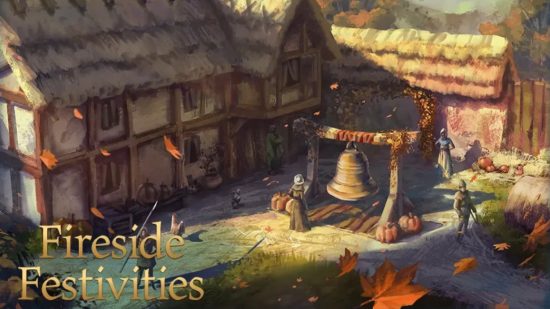 Actualización de Age of Empires 4: varios aldeanos se reúnen alrededor de la campana de una gran ciudad para el evento Fireside Festivities.