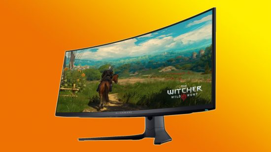 Alienware AW3423DWF Black Friday deal: a wide monitor displaying The Witcher 3 appears against an orange background.