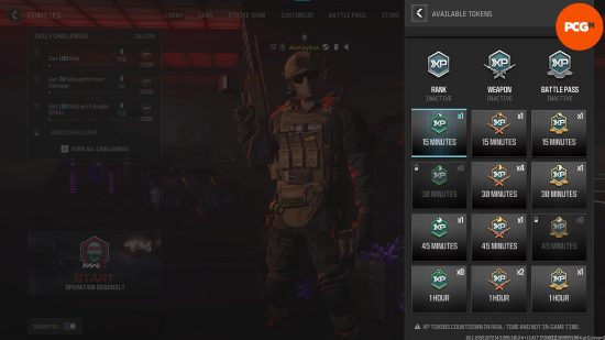 An in-game screen showing all of the player's MW3 Double Player XP tokens, Double Weapon Tokens, and Battle Pass Tokens.