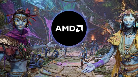 Image of the AMD logo in a scene from the Avatar Frontiers of Pandora PC game.