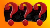 AMD RDNA 4 midrange GPU leak: a blacked out AMD Radeon graphics card with three red question marks in front of it appears in front of an orange and yellow background.