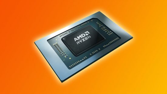 Image of an AMD Ryzen CPU with an orange and yellow background.