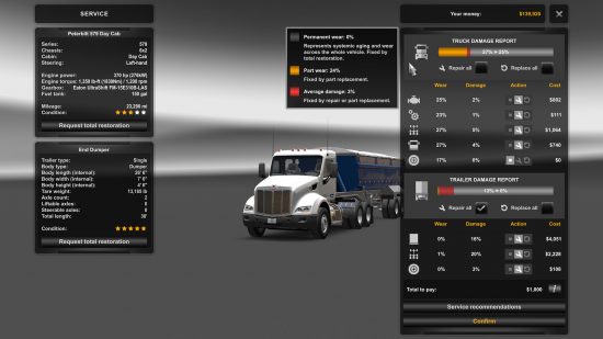 American Truck Simulator 1.49 – Screenshot, der das neue Menü für Schäden zeigt, mit verschiedenen Formen von Verschleiß, die sich auf Komponenten auswirken können.