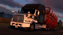 American Truck Simulator update 1.49 makes it even prettier - A black cab hauling a cargo of large tree trunks.