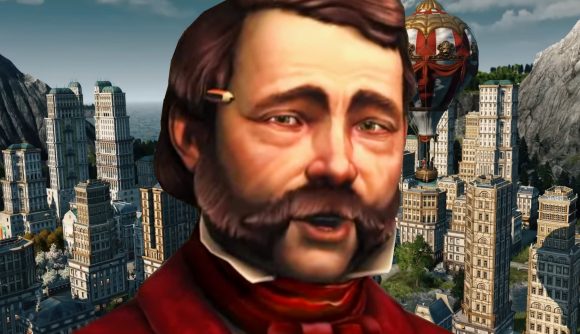 Anno 1800 free weekend offer and Steam sale - A man with a handlebar beard stands before a towering cityscape