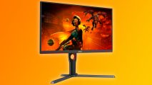 An image of the U32G3X AOC gaming monitor on an orange and yellow gradient background.