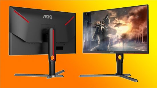 AOC Q27G3ZN gaming monitor: two monitors appear against an orange background, one facing forward and one backward.
