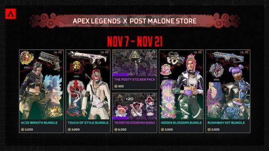 An infographic showing the new Post Malone Apex Legends skins and how much they cost