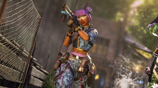 Apex Legends Post Malone event - a purple-haired Lifeline in blue camo gear.