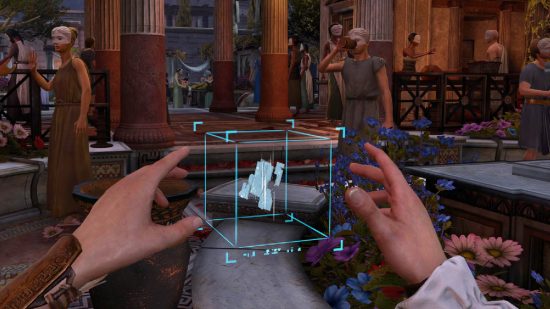 Assassin's Creed Nexus review: two hands grab at a hologram of a cube