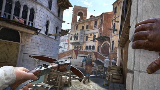 Assassin's Creed Nexus review: the busy streets of Venice are shown from a VR perspective
