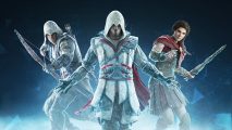 Assassin's Creed Nexus review: three characters stand side by side wielding weapons