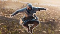 Assassin's Creed Mirage chromatic aberration removed: a Baghdad skyview background with an assassin jumping in the fireground