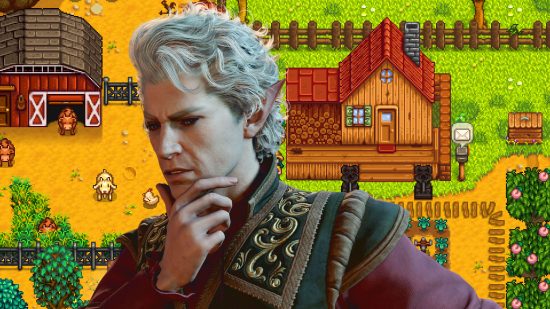 Baldur's Gate 3 Astarion overlaid over a picture of Stardew Valley