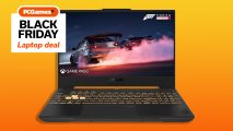 The Asus TUF 15.6-inch gaming laptop on a bright orange gradient background