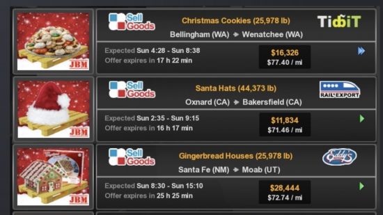 A screenshot showing Christmas cargo like Christmas Cookies in ATS