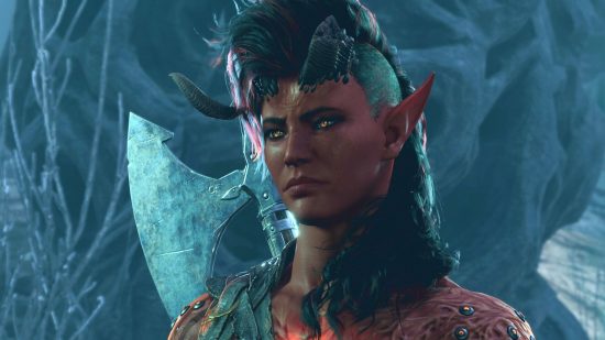 Baldur's Gate 3 audience intelligence: a red tiefling barbarian with pointy ears and horns.