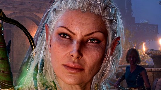 Baldur's Gate 3 Druid Wild Shape mod - Jaheira, a Half-Elf Druid with long, white hair who can accompany your party during BG3's story campaign in the Dungeons and Dragons game from Larian Studios.