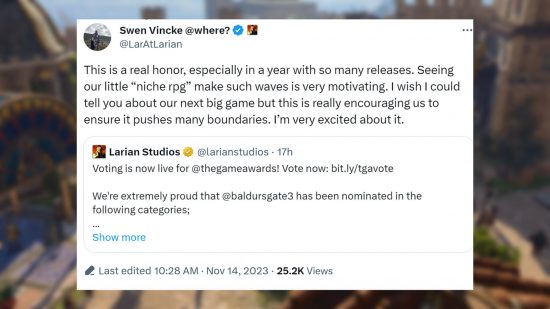 Baldur's Gate 3 Larian next game: an image of a tweet fro mLarian's CEO, on a blurry background
