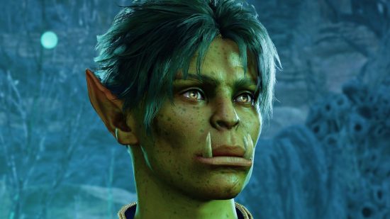Baldur's Gate 3 mod level 30: a green orc woman with two bottom teeth sticking out of their lip