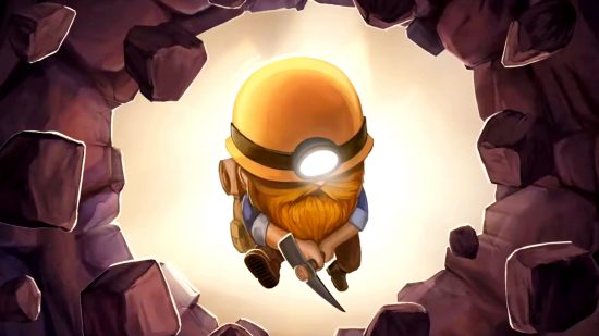 Below the Stone - A bearded dwarven miner in a yellow helmet pickaxes their way through a wall in this new Steam roguelike game.