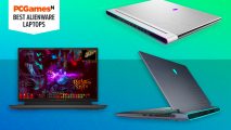 Three of the best Alienware laptops for gaming on a bright blue background
