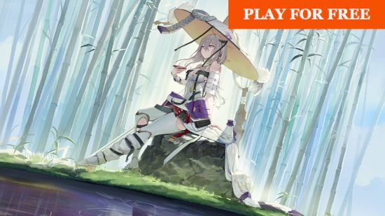 Best anime games: a woman with an umbrella sitting in a forest.