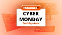 Cyber Monday Best Buy deals written on a white card under the PCGamesN logo, with various bits of PC hardware behind it.