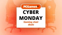 Cyber Monday gaming chair deals written on a white card over a picture of chairs and under the PCGamesN logo.