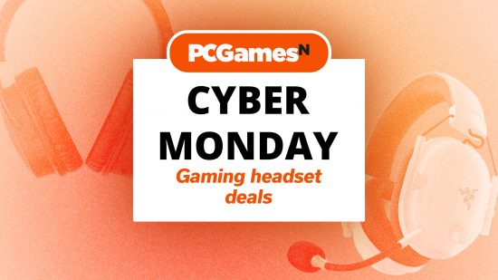 Cyber Monday gaming headset deals written in a white box under the PCGamesN logo and pictures of headsets.