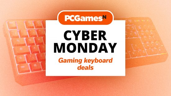Cyber Monday gaming keyboard deals written on a white card over a picture of a keyboard.
