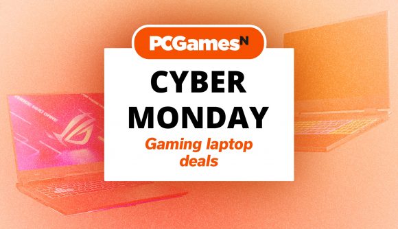 Best Cyber Monday gaming laptop deals written on a white card under the PCGamesN logo and a picture of laptops.