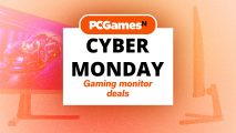 Cyber Monday gaming monitor deals written in a white box beneath the PCGamesN logo and over a picture of a monitor.