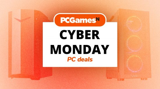 Cyber Monday PC deals written on a white card, with the PCGamesN logo above it, and a picture of PCs in the background.