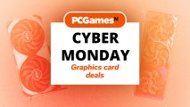Cyber Monday graphics card deals written on a white card over a picture of some GPUs.