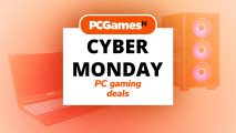 Cyber Monday PC Gaming deals written on a white card beneath the PCGamesN logo and a picture of a laptop and PC.