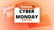 Cyber Monday RAM deals written on a white box over a picture of pieces of PC hardware and the PCGamesN logo.