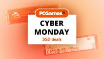 Best Cyber Monday SSD deals written on a white square beneath the PCGamesN logo and over a picture of SSDs.