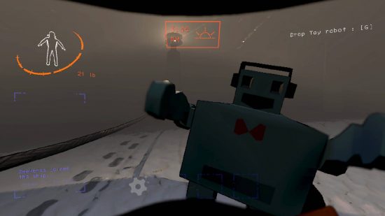 First person view of someone holding a toy robot and approaching a lighthouse in Lethal Company, one of the best horror games.