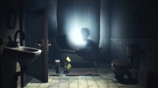 A scene in one of the best horror games - Little Nightmares 2 - has two small people inside a bathroom. A person behind the curtain in the bath is watching TV.