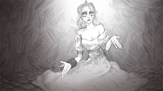 A princess is chained up and talking to the player in Slay the Princess, one of the best horror games.