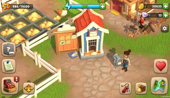 Best life games: Sunrise Village. Image shows a farm with a small post office in it.
